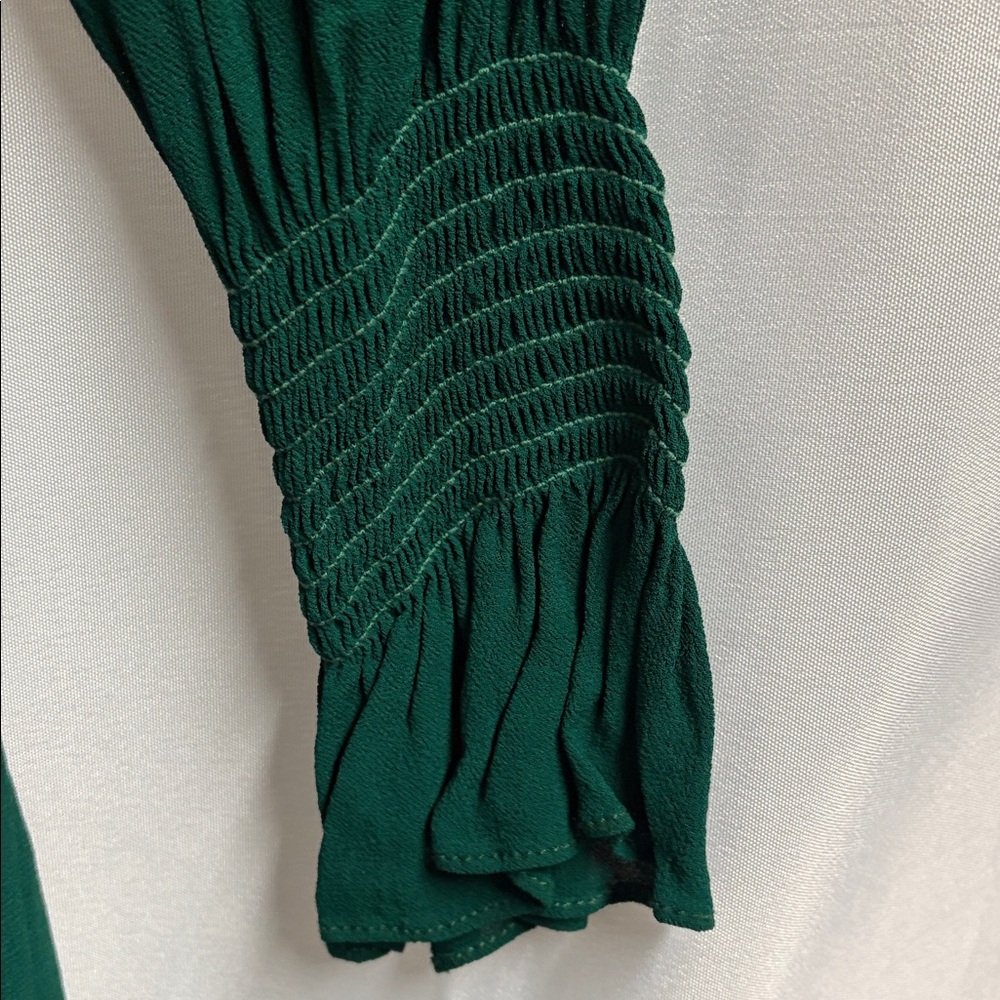 Reformation Archie Shirred Long Sleeve Mini Dress Emerald Green Size 0 - Picture 6 of 7